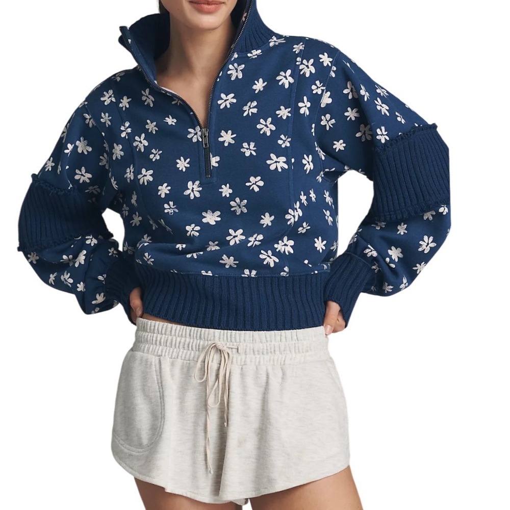 Daily Practice Anthropologie Indy Half‎ Zip Pullover Sweatshirt XS Blue Daisy